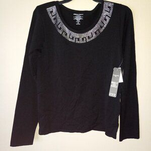 INNER CIRCLE Long-sleeve Black Top with Blinged-out neckline Women's XL